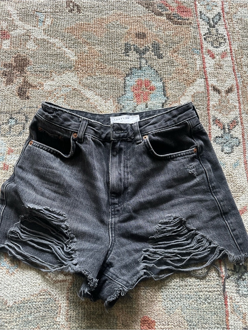 Topshop High-Waist Distressed Black Denim Shorts